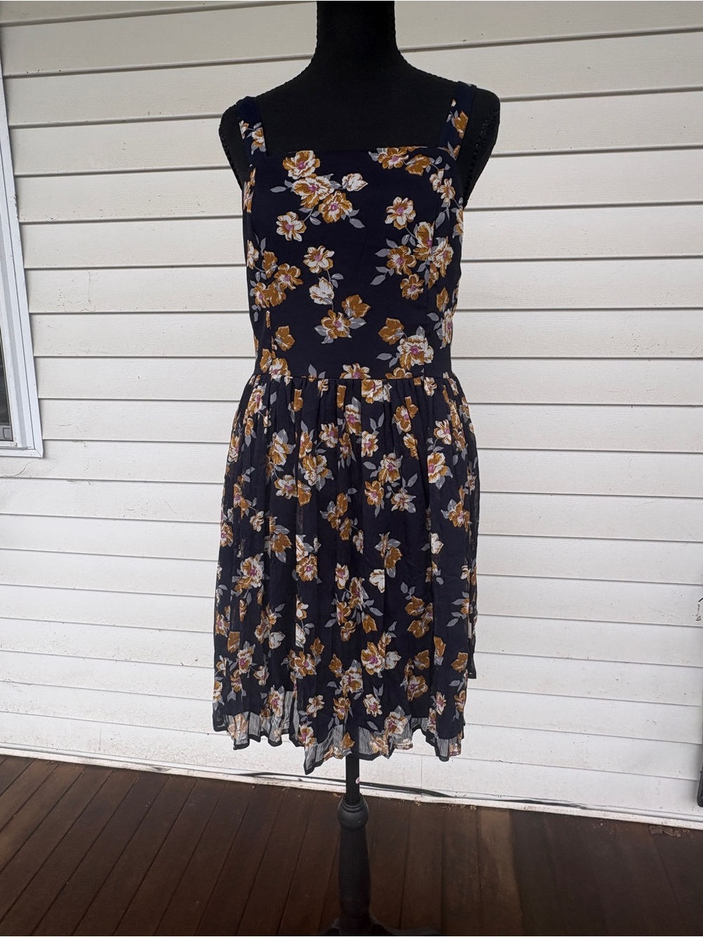 Floral Navy Sundress with Gold and Cream Flowers